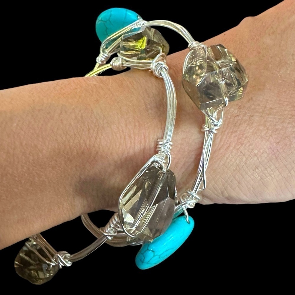 Turquoise Smoky Quartz Bead Silver Wire Wrap Stackable Bangle Set Boho Handmade